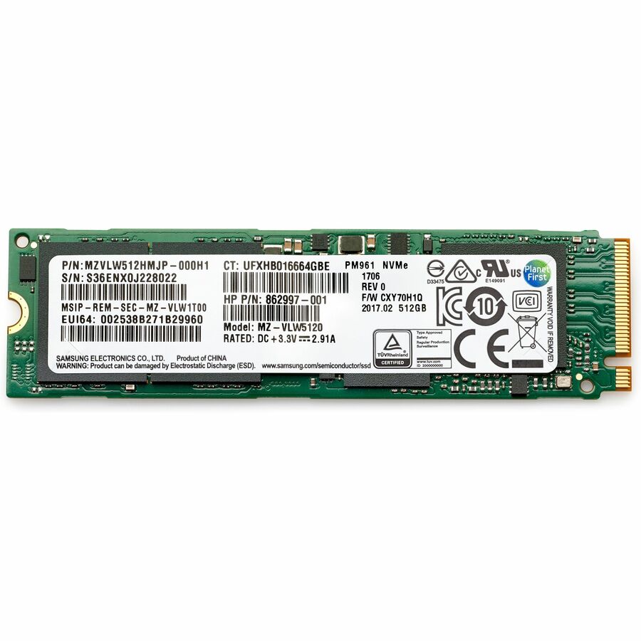 HP 1TB NVMe M.2 SSD showing product details, certification marks, and technical specifications on green circuit board-alternate-image1