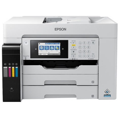 Front view of EPSON WorkForce ST-C8090 Supertank printer showing LCD touchscreen interface, dual paper trays, and transparent ink tanks-alternate-image1