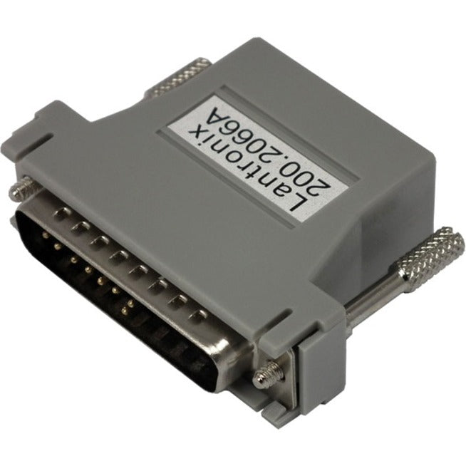 Lantronix RJ45 female to DB25 male cross DCE adapter in gray housing with product identification label-alternate-image1