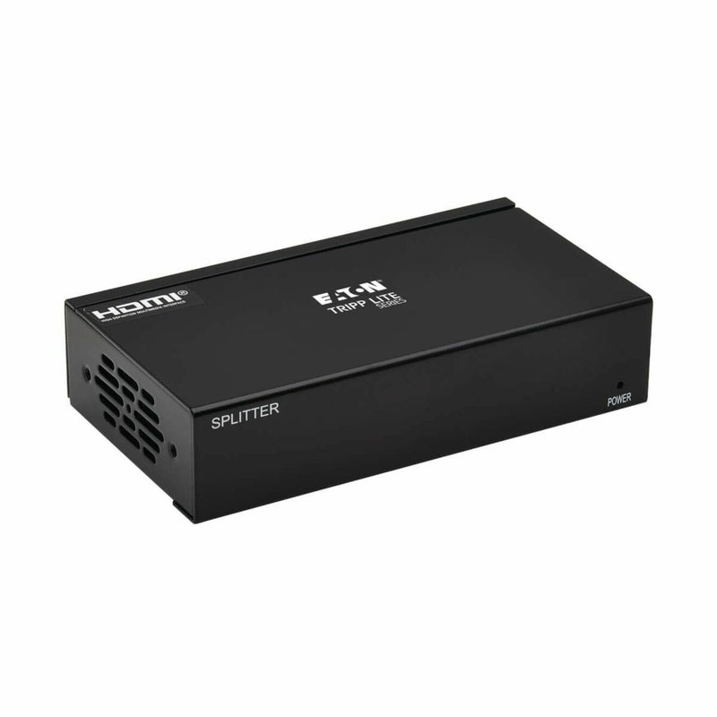 Angled view of Tripp Lite B127A-002-BH HDMI splitter showing black metal housing with ventilation and branding