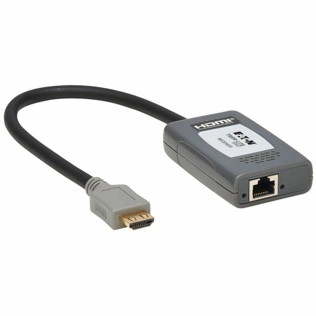 Front view of Tripp Lite HDMI over Cat6 receiver showing HDMI pigtail connector and RJ45 port-alternate-image1