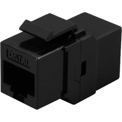 Black Cat6 unshielded keystone jack inline coupler front view showing RJ-45 port and CAT6 marking-alternate-image1