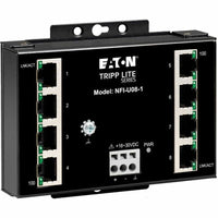 Front view of Tripp Lite NFI-U08-1 industrial ethernet switch showing 8 ports with LED indicators and power terminal block-alternate-image1