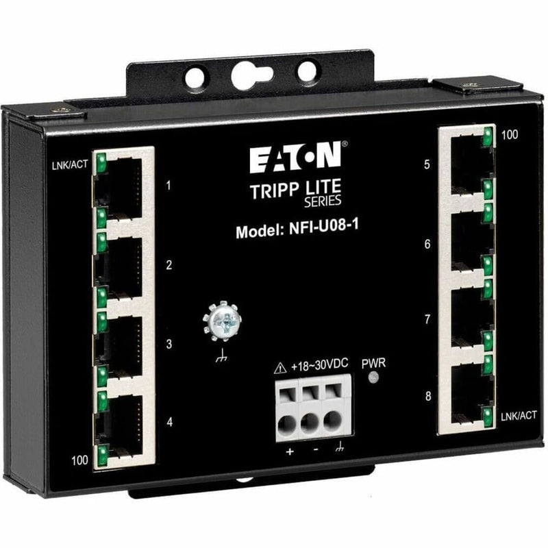 Front view of Tripp Lite NFI-U08-1 industrial ethernet switch showing 8 ports with LED indicators and power terminal block