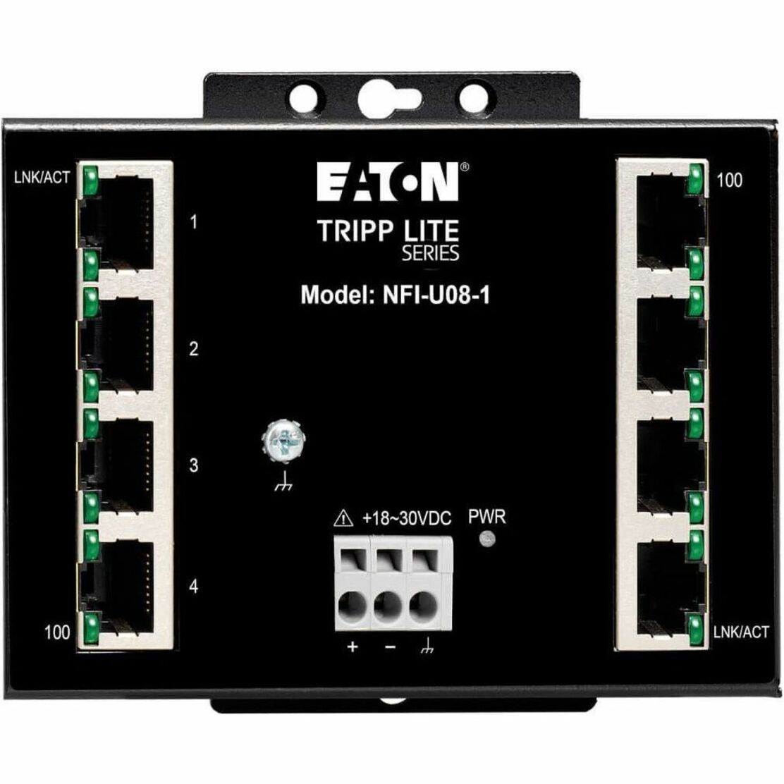 Close-up view of NFI-U08-1 showing LED indicators, port layout, and power terminal configuration-alternate-image3