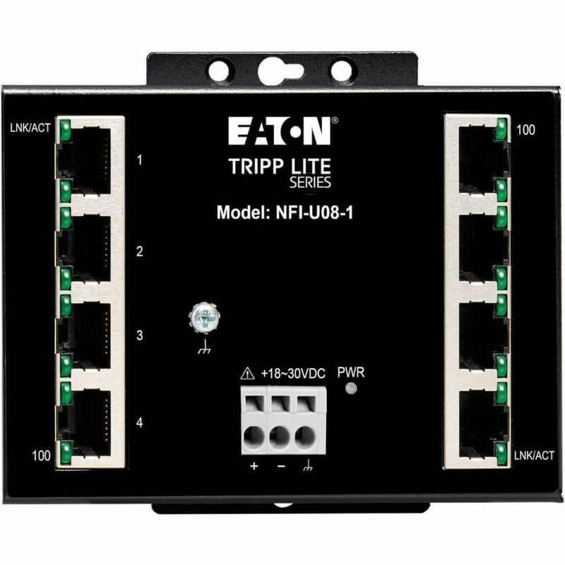 Close-up view of NFI-U08-1 showing LED indicators, port layout, and power terminal configuration