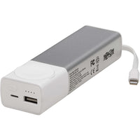 Side view of Tripp Lite power bank showing Lightning cable and USB-A port with LED indicators-alternate-image1