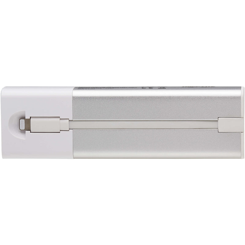 Bottom view of power bank showing Lightning cable storage mechanism