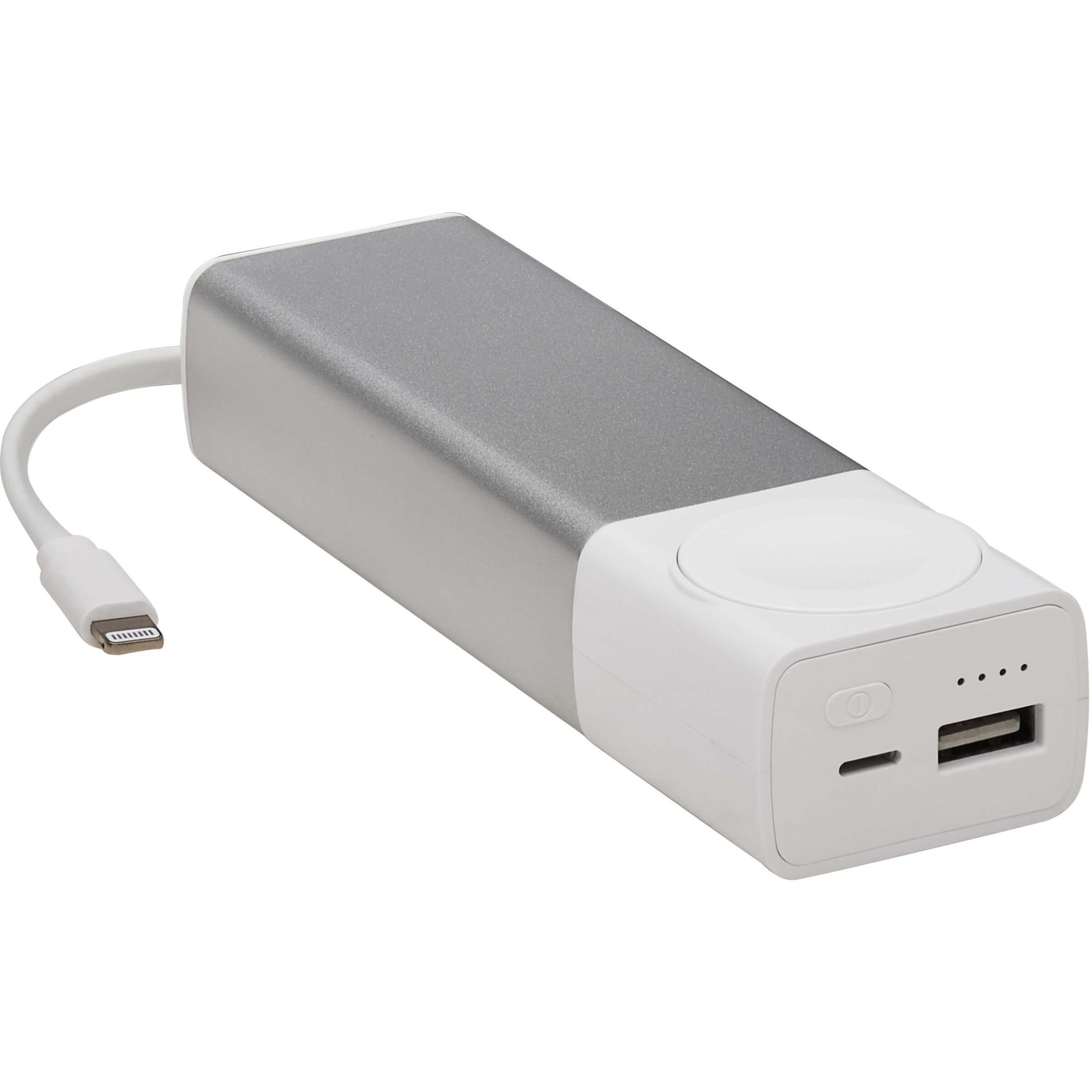 Angled view of Tripp Lite power bank showing sleek silver design and charging ports-alternate-image3