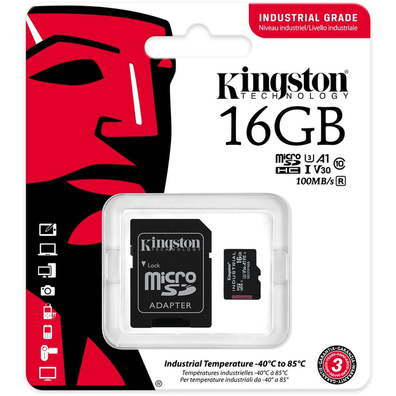 Kingston Industrial microSDHC retail package displaying device compatibility icons and industrial specifications