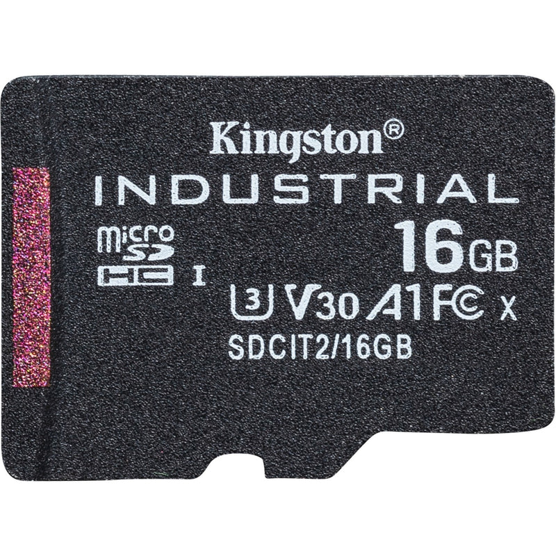 Detailed view of Kingston Industrial 16GB microSDHC card showing industrial specifications