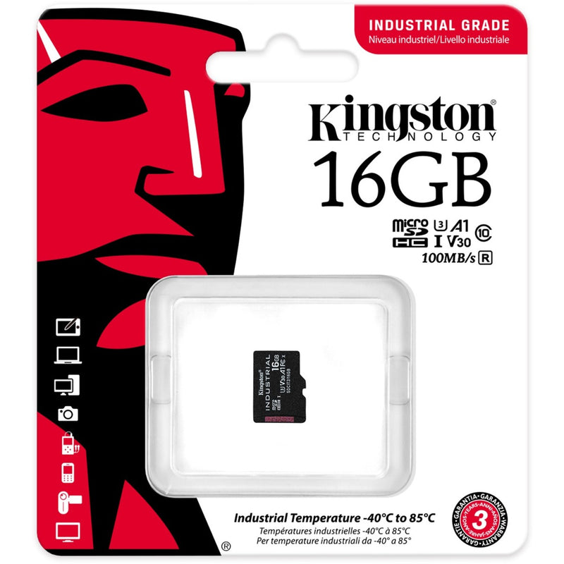 Kingston Industrial 16GB microSDHC retail package showing card, adapter, and specifications