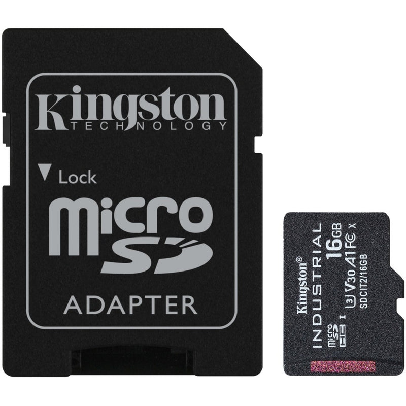 Detailed view of Kingston SD adapter and Industrial microSDHC card showing specifications