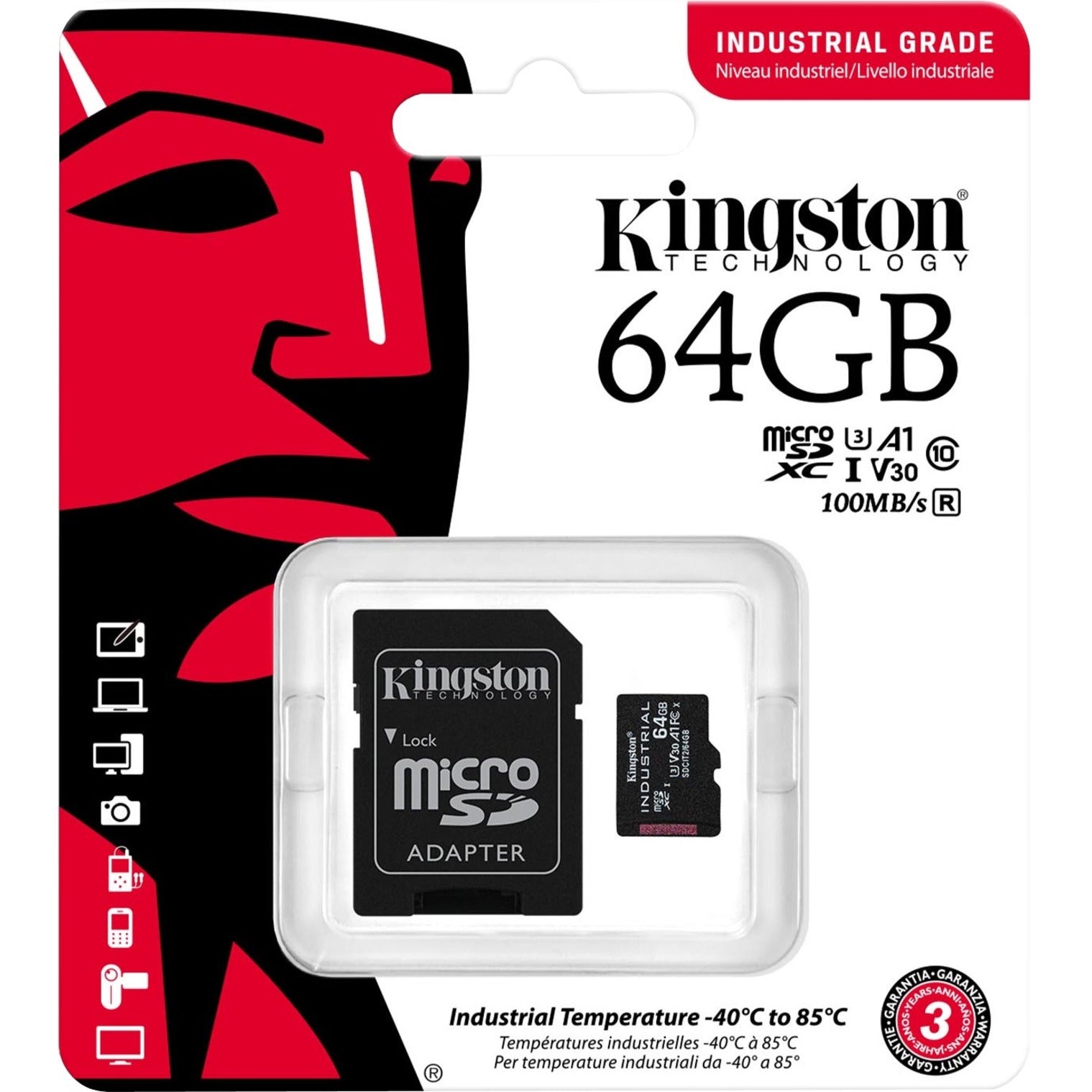 Kingston 64GB MICROSDXC INDUSTRIAL C10 A1 PSLC CARD + SD ADAPTER (SDCIT2/64GB)