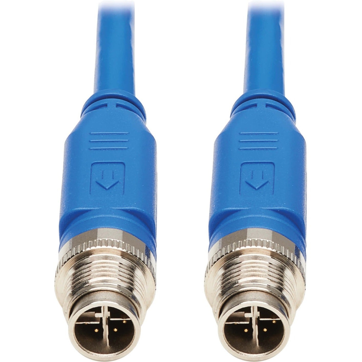 Close-up view of blue M12 X-Code connectors with metal threading and 8-pin configuration-alternate-image1