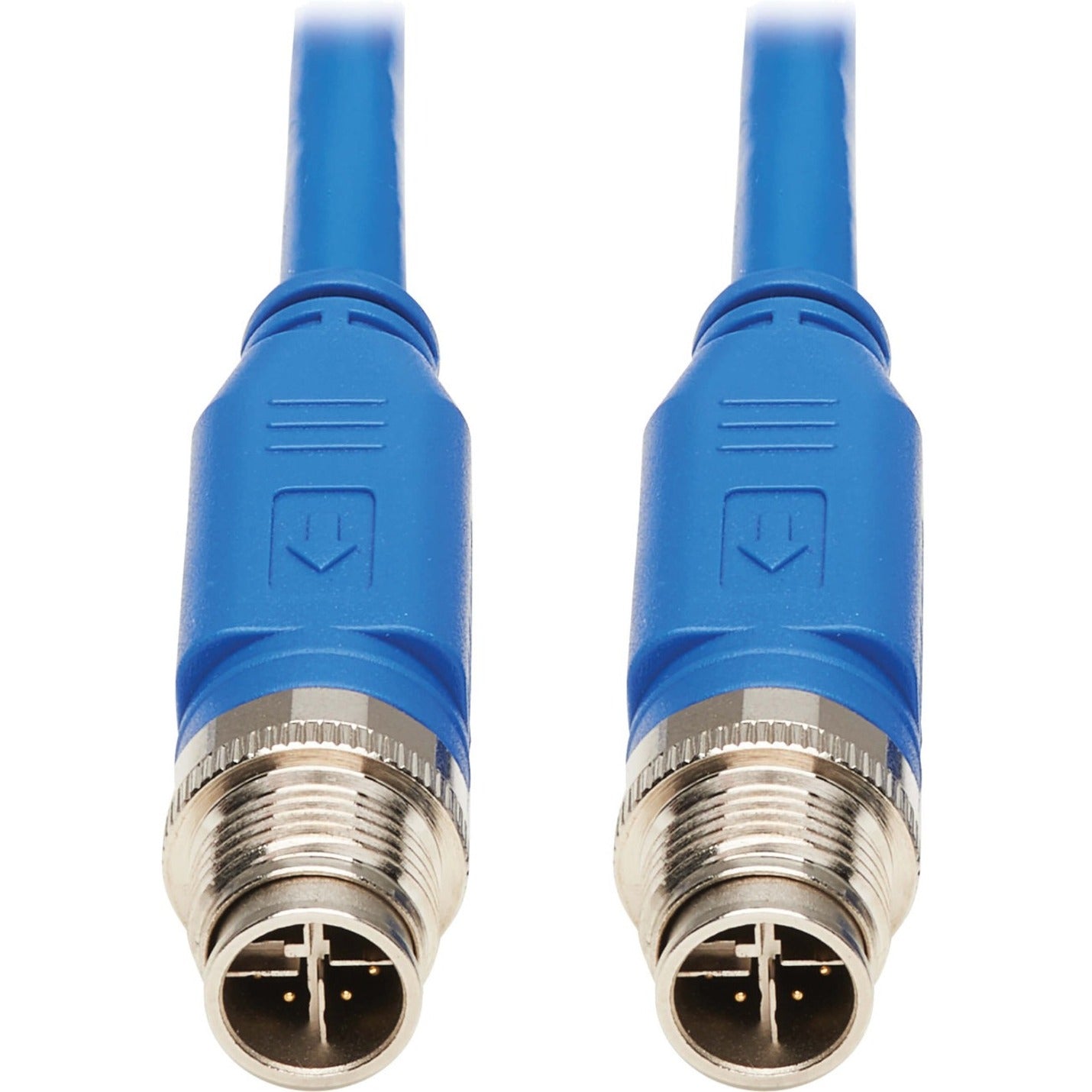 Close-up of blue M12 X-Code connectors with metal threading and protective housing-alternate-image1