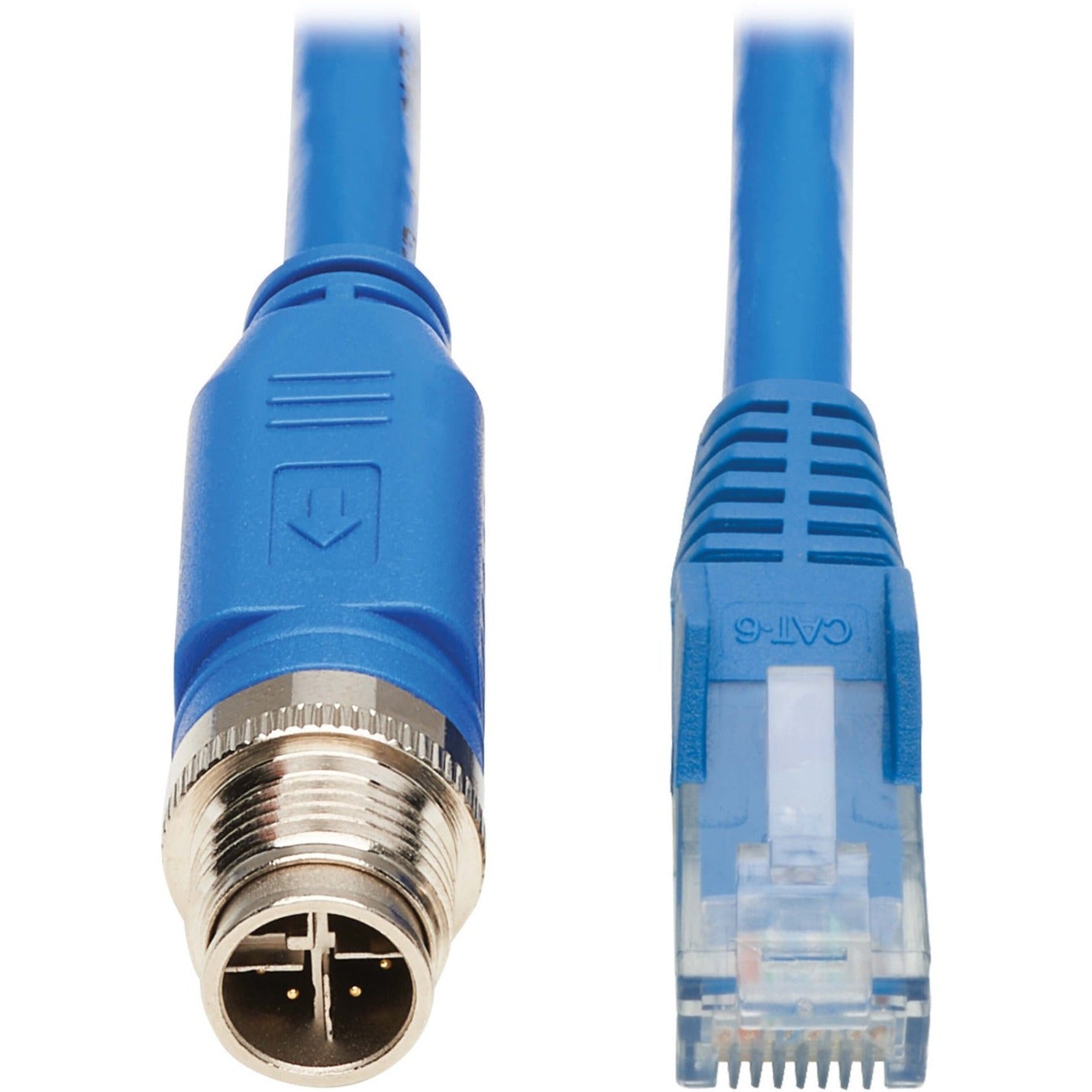 Close-up view of M12 X-Code connector and RJ45 connector ends of industrial Cat6 cable-alternate-image1