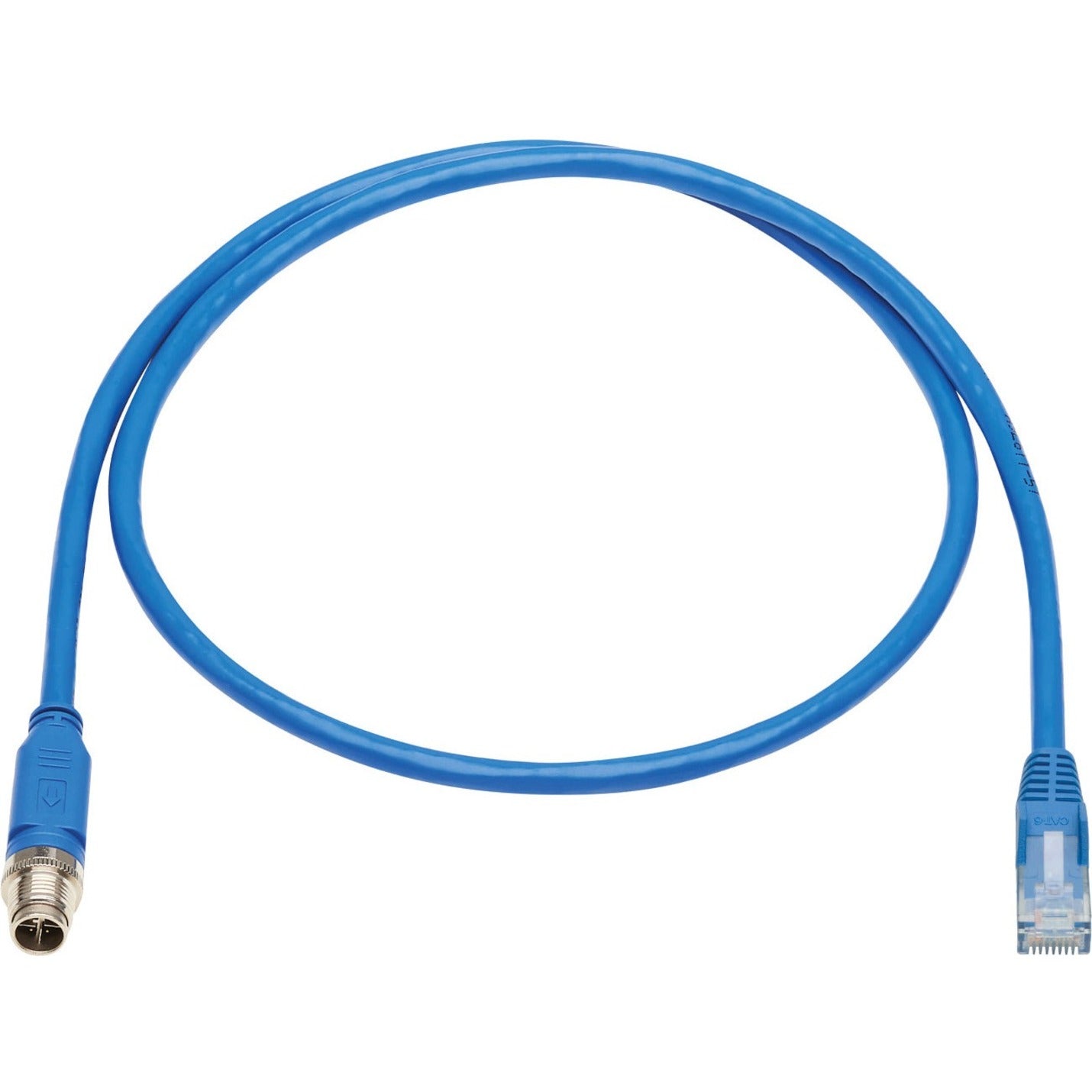 Full length view of blue industrial Cat6 cable with M12 and RJ45 connectors-alternate-image2