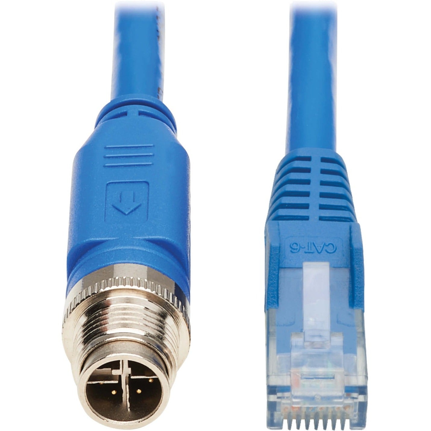 Close-up view of M12 X-Code connector and RJ45 connector on industrial Cat6 cable-alternate-image1