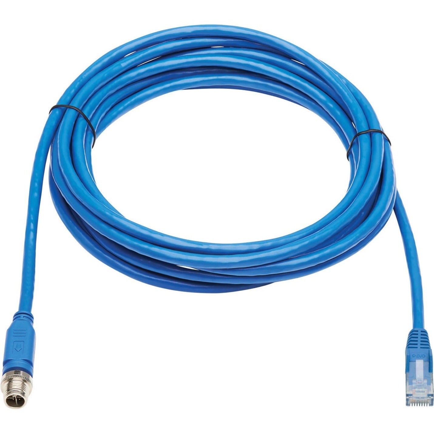 Full length view of blue industrial Cat6 cable with M12 and RJ45 connectors-alternate-image2