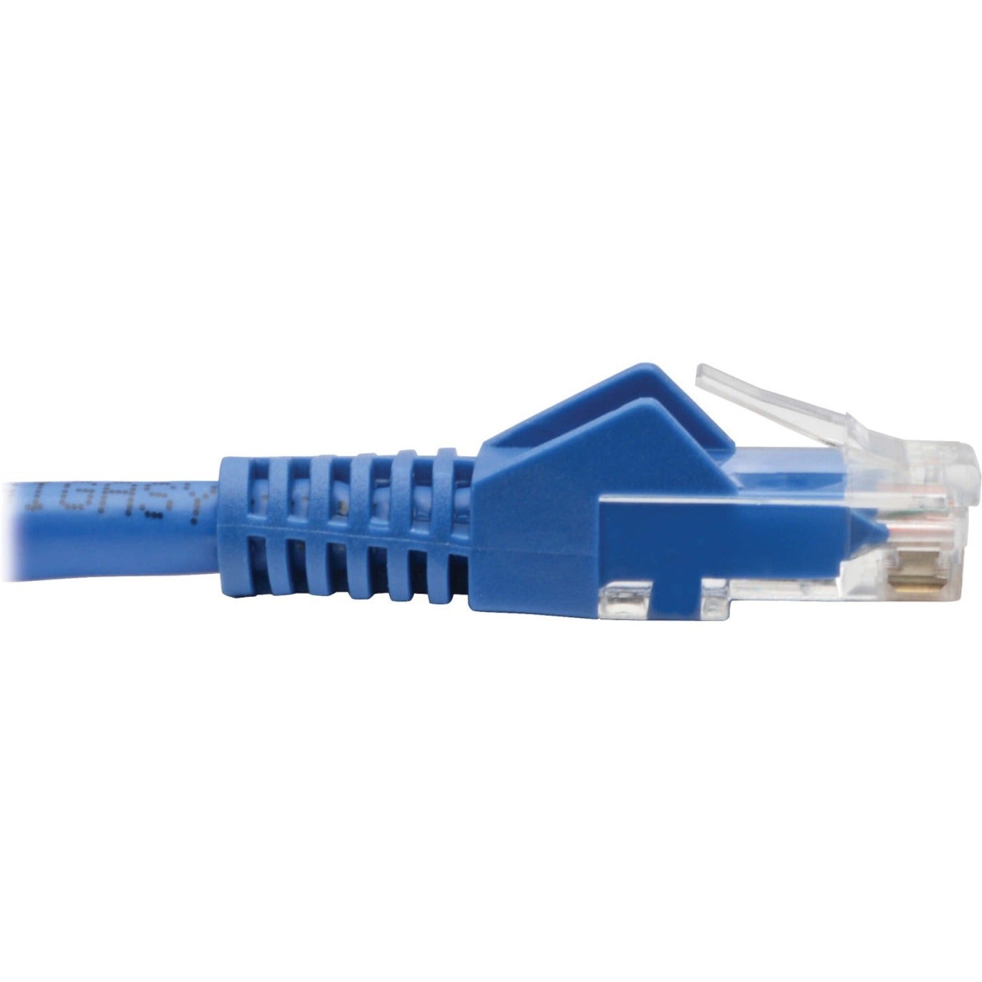 Detailed view of blue snagless RJ-45 connector boot design on industrial Cat6 cable-alternate-image2