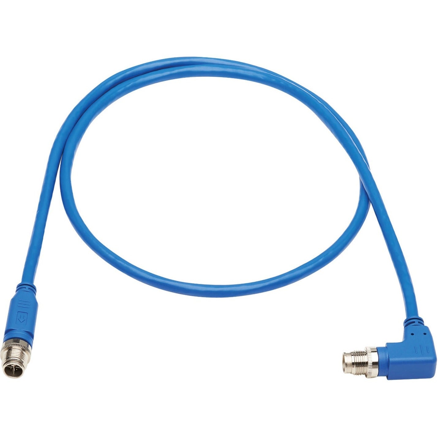 Full length view of blue industrial Cat6 cable with M12 connectors at both ends-alternate-image2