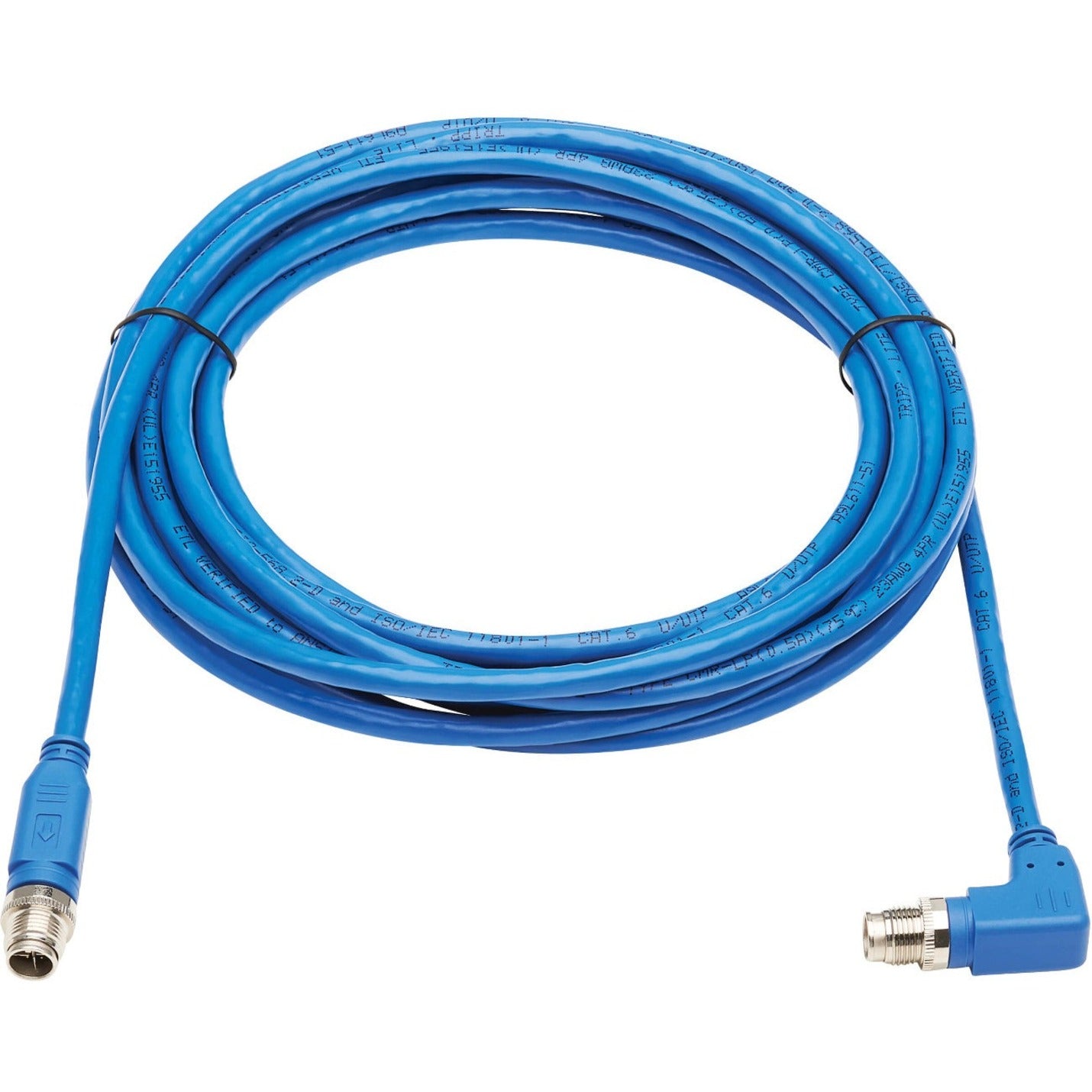 Full length view of blue Cat6 industrial ethernet cable with M12 connectors at both ends-alternate-image2