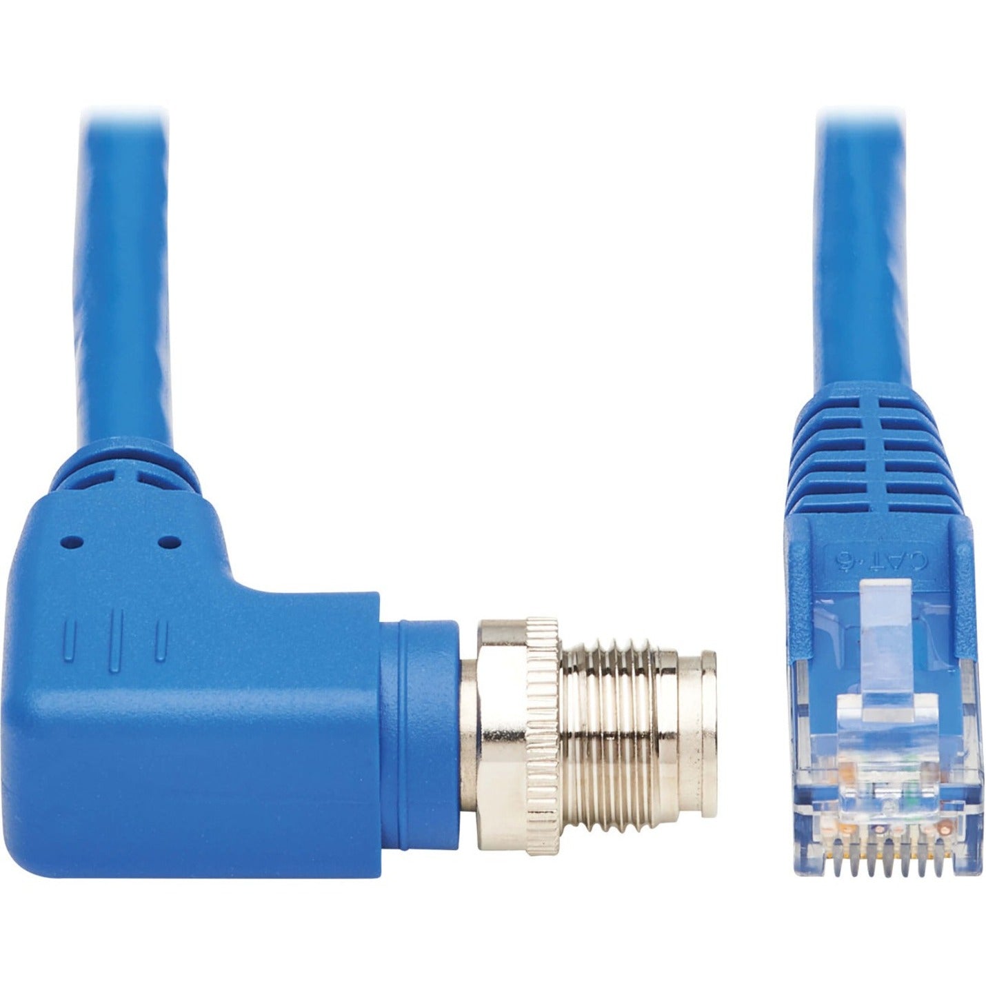 Close-up view of blue Cat6 cable showing right-angle M12 connector and RJ45 termination with strain relief-alternate-image1