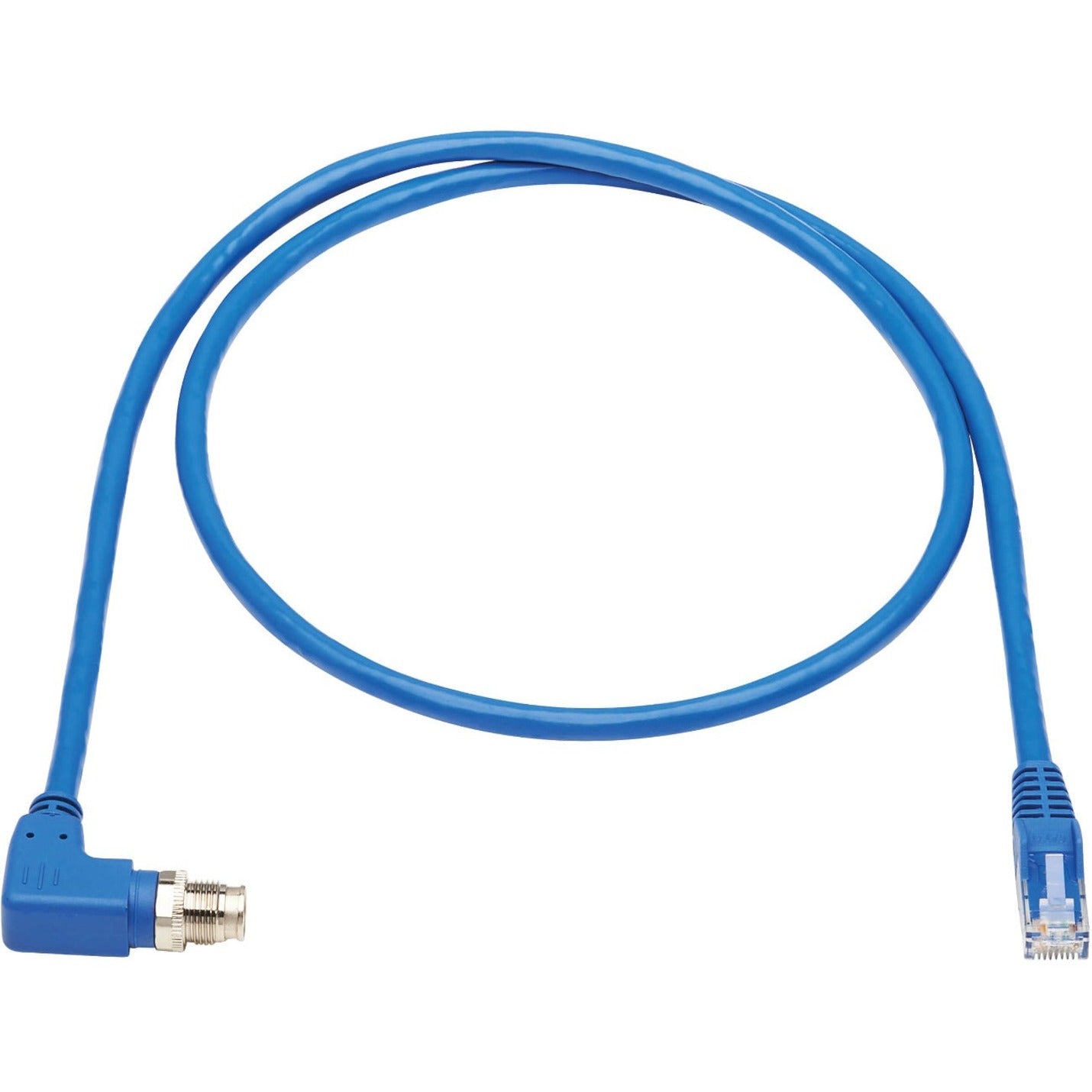 Full length view of blue Cat6 industrial ethernet cable with M12 and RJ45 connectors-alternate-image2