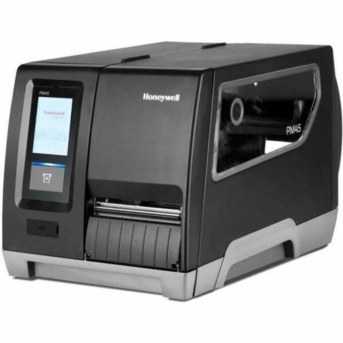 Honeywell PM45 industrial label printer with touchscreen display and advanced printing mechanism in black and silver finish-alternate-image1