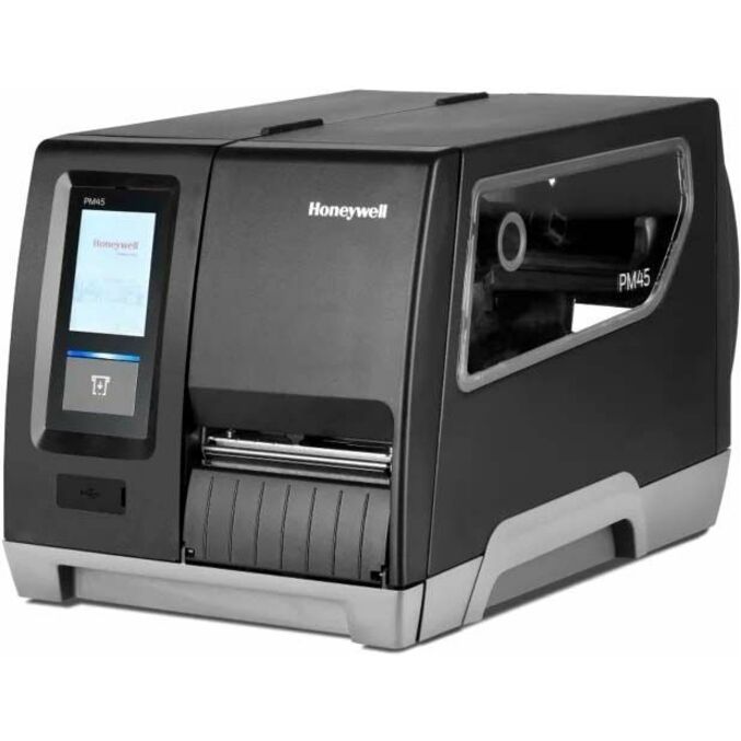 Side view of Honeywell PM45 industrial printer showing media loading area and connectivity ports-alternate-image2