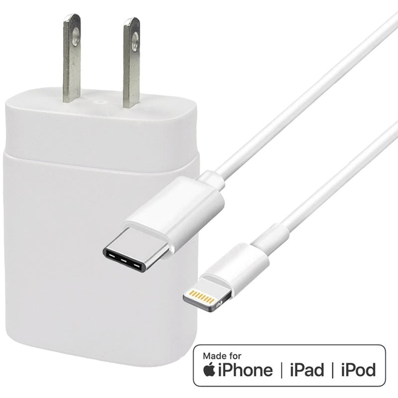 4XEM white USB-C power adapter with Lightning cable showing MFi certification