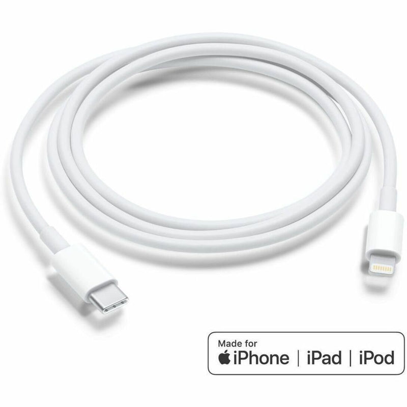 Full length view of white USB-C to Lightning cable coiled