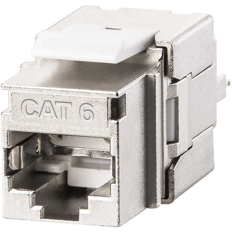 Close-up view of Signamax CAT6 MT-Series Screened Keystone Jack showing zinc alloy construction and EMI shielding