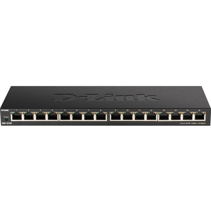 Front view of D-Link DGS-1016S 16-port Gigabit Desktop Switch showing all network ports and power indicator