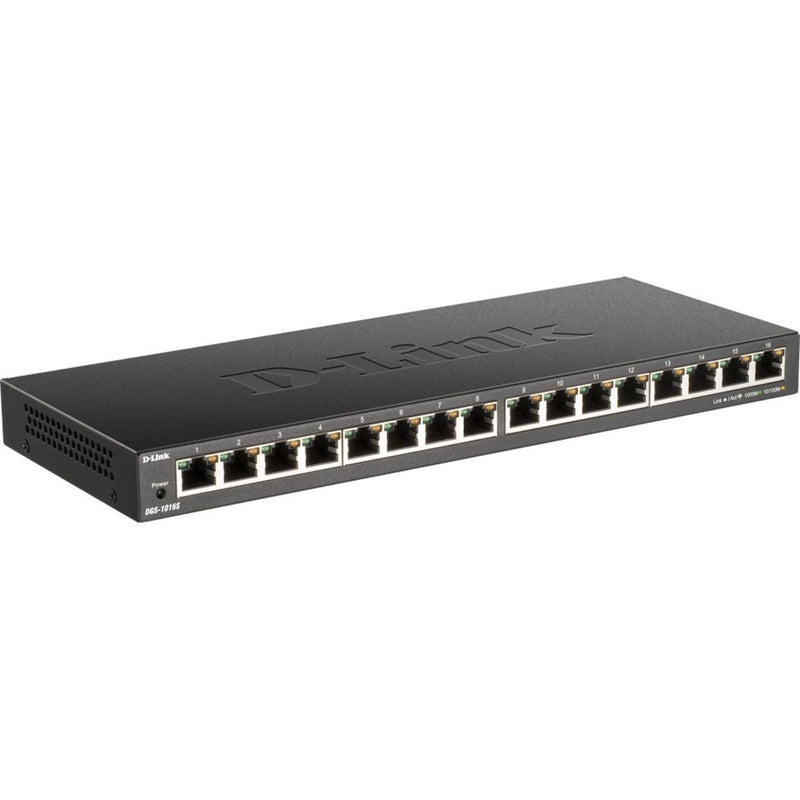 Angled view of D-Link DGS-1016S switch showing slim profile design and port arrangement