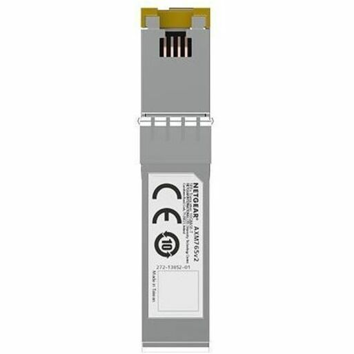 Top view of NETGEAR AXM765-20000S SFP+ module showing connector pins and regulatory markings-alternate-image4