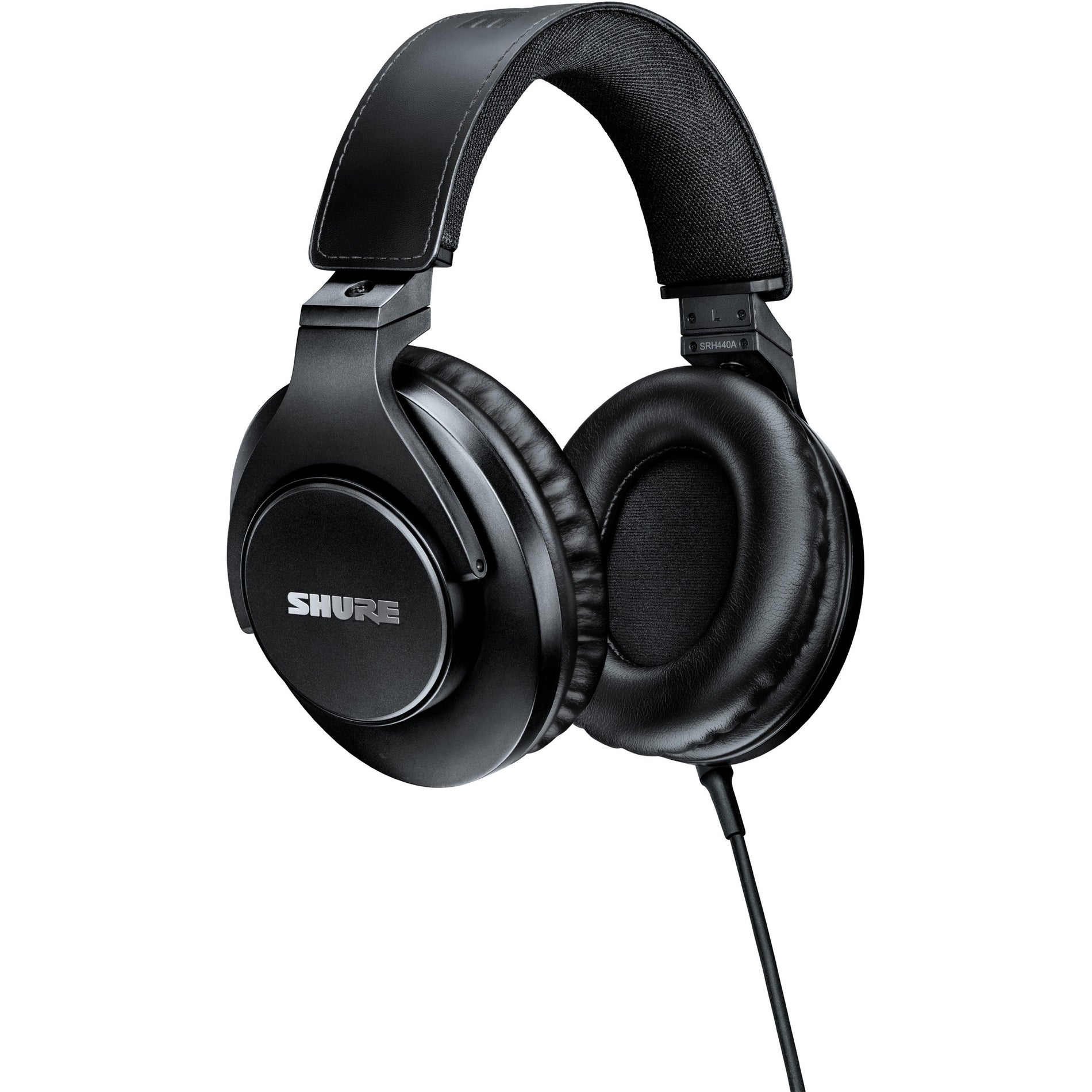 Side view of Shure SRH440A Professional Studio Headphones showing sleek black design and padded ear cups-alternate-image1