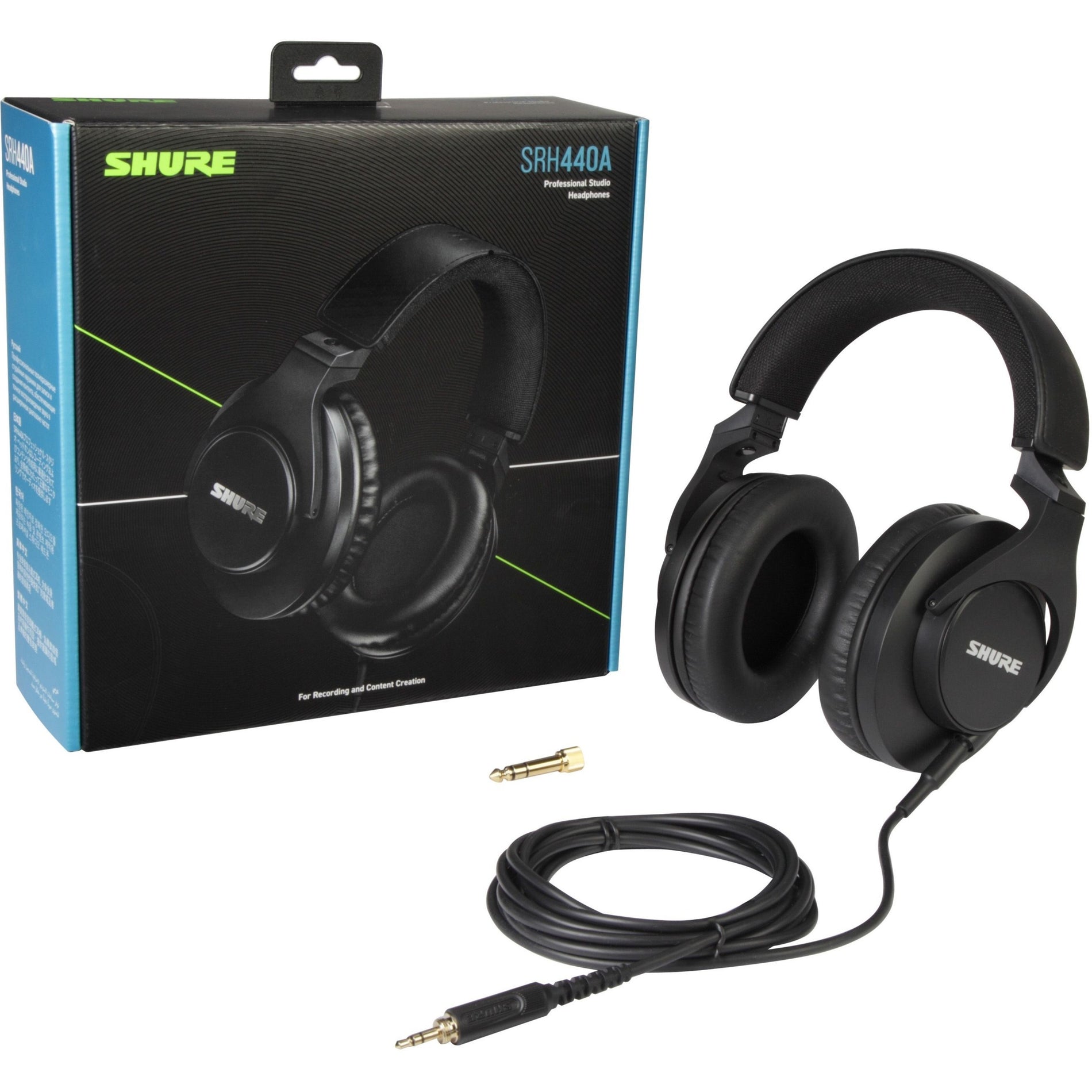 Product layout showing Shure SRH440A headphones with included accessories-alternate-image9