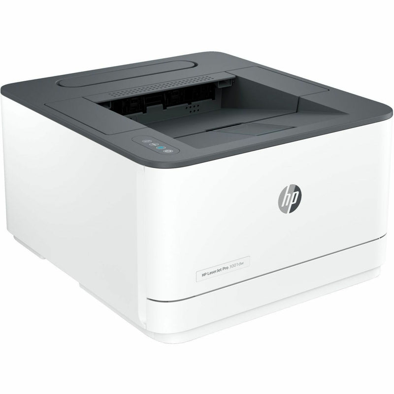 Side angle view of HP LaserJet Pro 3001dw printer emphasizing paper handling capabilities and build quality