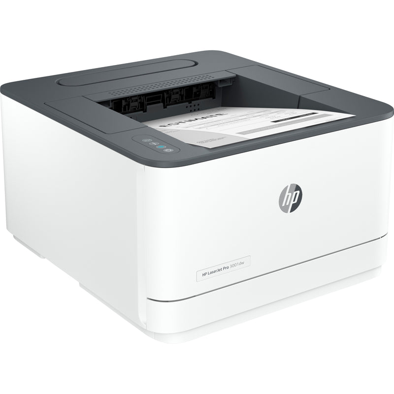 Angled view of HP LaserJet Pro 3001dw printer showing wireless connectivity features and control panel