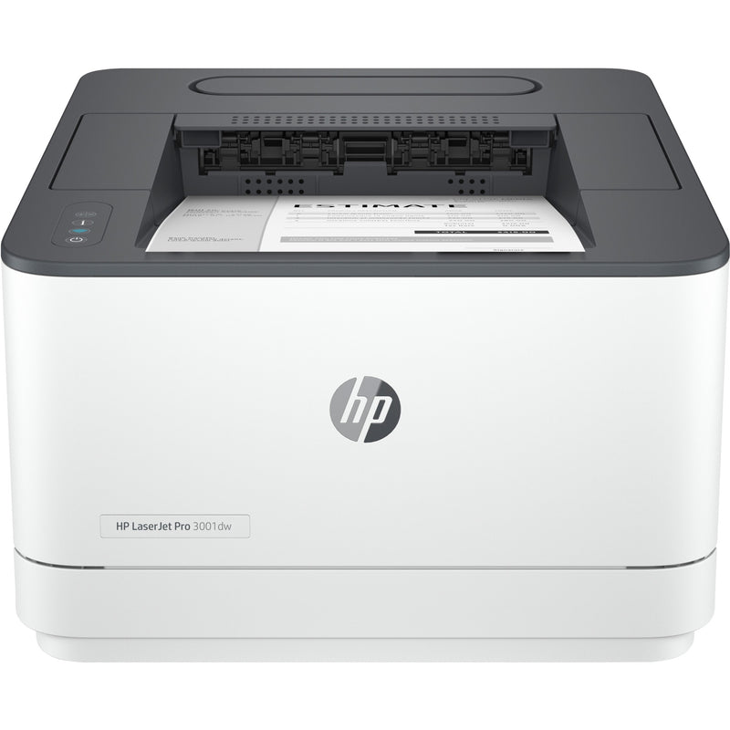 Front view of HP LaserJet Pro 3001dw printer in white and gray showing paper output tray and control panel