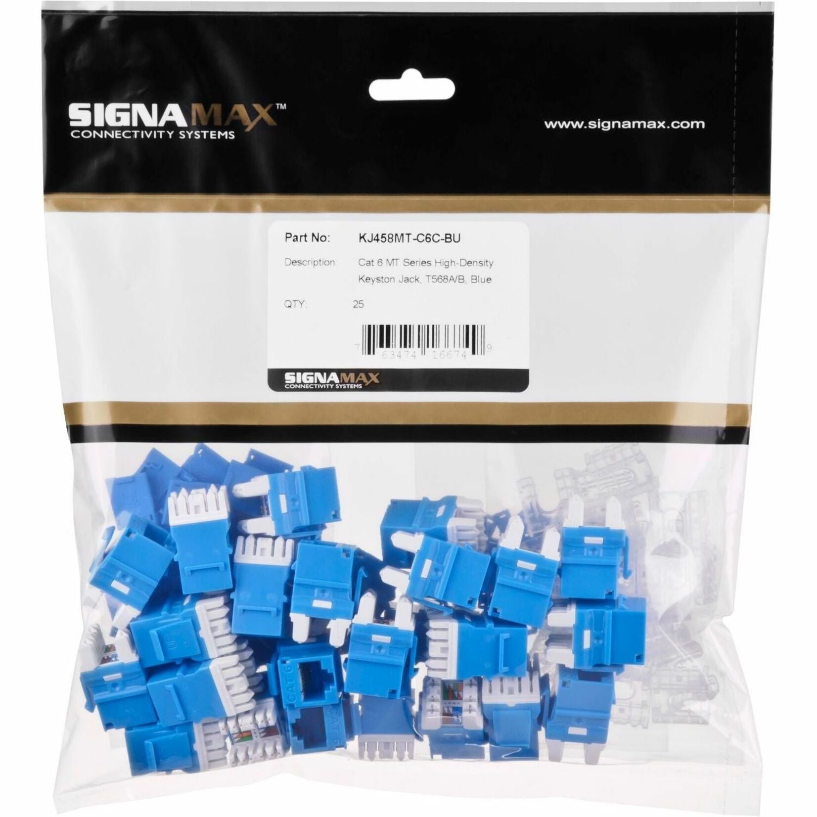 Package of 25 blue Signamax MT-Series Cat 6A keystone jacks with white internal components visible through clear packaging-alternate-image1