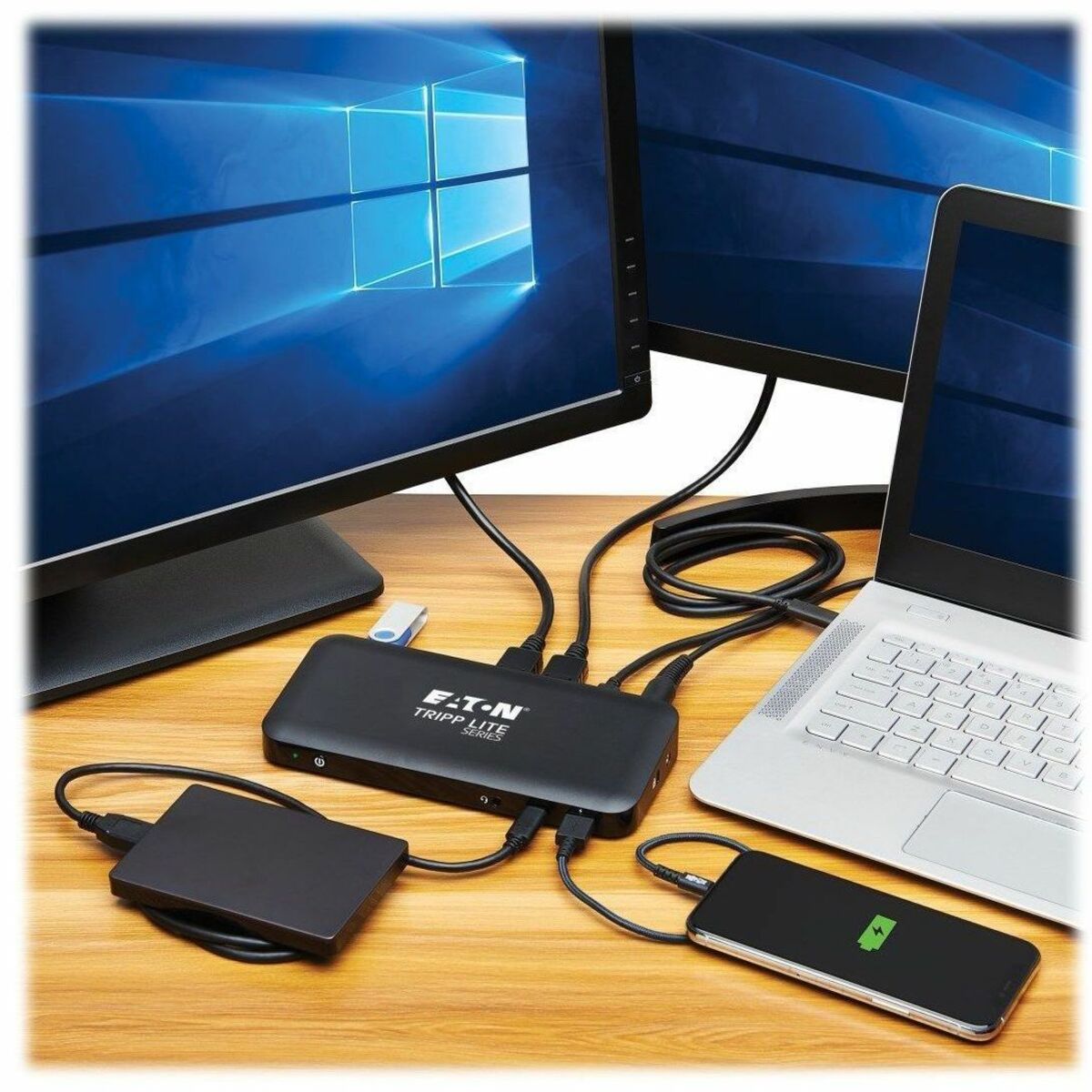 Docking station in use with laptop, external drive, and smartphone charging-alternate-image3