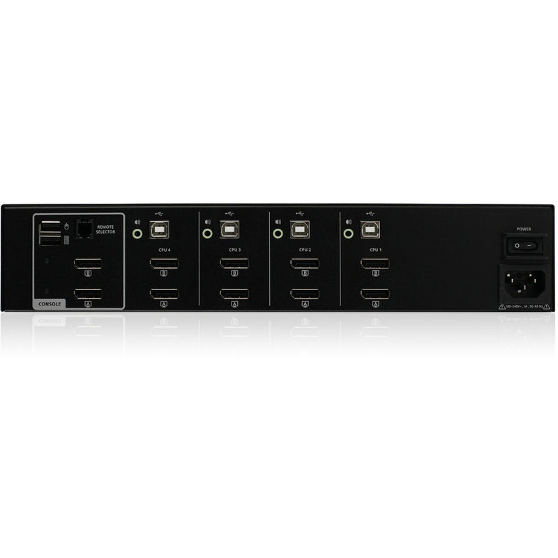 Detailed rear view of IOGEAR Secure KVM Switch emphasizing port layout and remote selector