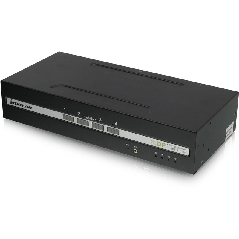 Front view of IOGEAR 4-Port Dual View DisplayPort Secure KVM Switch showing port selection buttons and status indicators