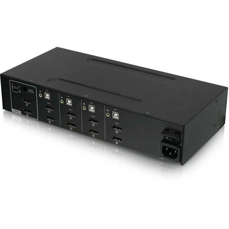 Rear view of IOGEAR Secure KVM Switch showing multiple DisplayPort, USB, and audio connections