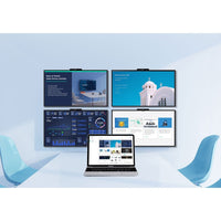 Multiple displays showing various business content including presentations, data dashboards, and meeting information-alternate-image3