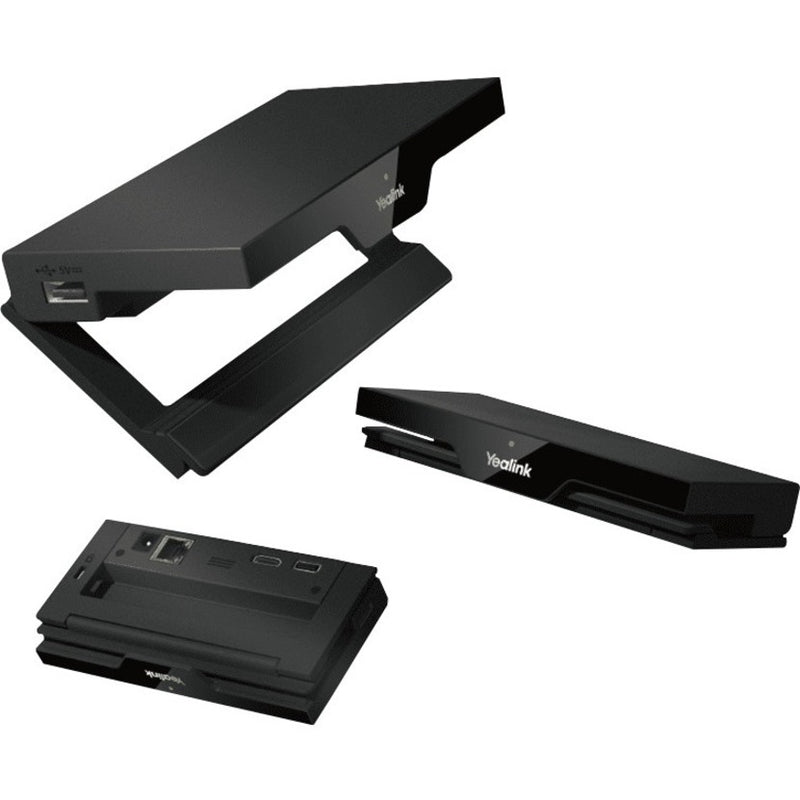 Multiple views of the Yealink RoomCast wireless presentation device showing its compact black design and connectivity ports