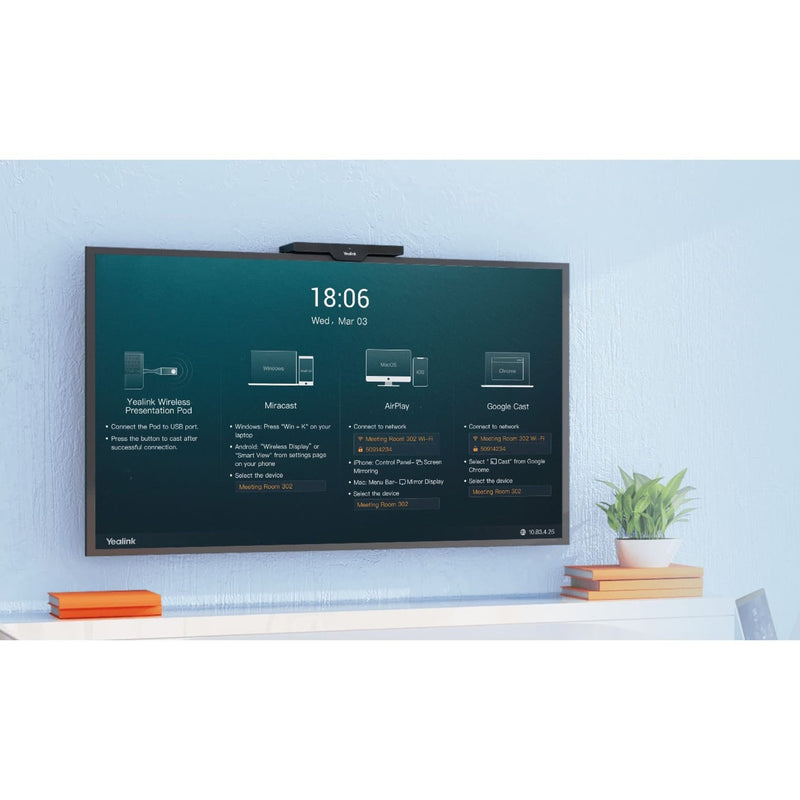 Display showing RoomCast's connection interface with multiple wireless casting options and setup instructions